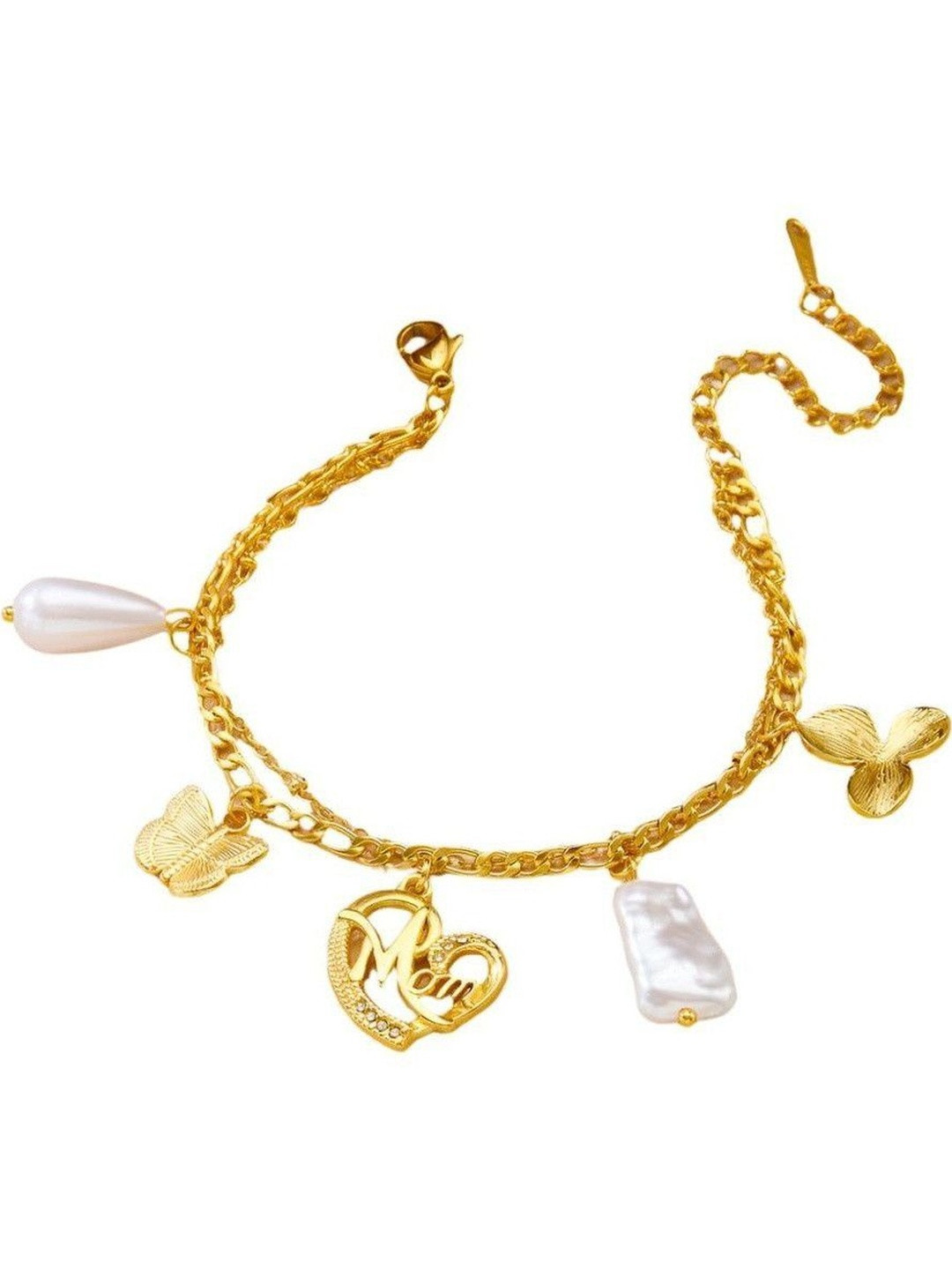 DIVING SWAN Women 18K Thick Gold Plated Aashi Mom Pearl Charm Bracelet