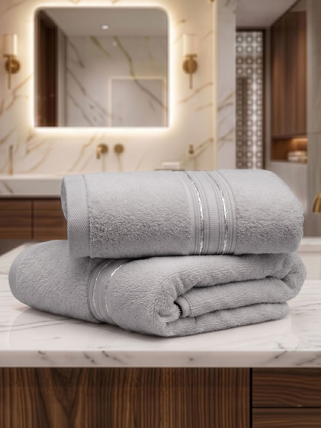 LANE LINEN Grey 2 Pieces 575 GSM Pure Cotton Hand Towels