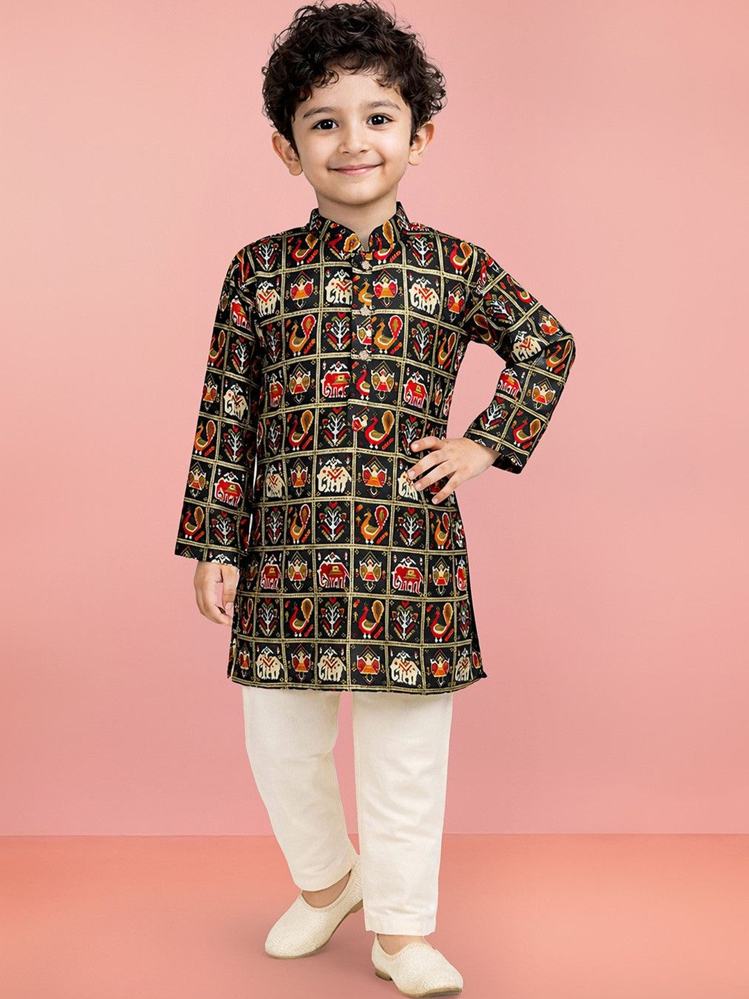 VASTRAMAY Boys Blue Rayon Patola Printed Kurta Pyjama Set