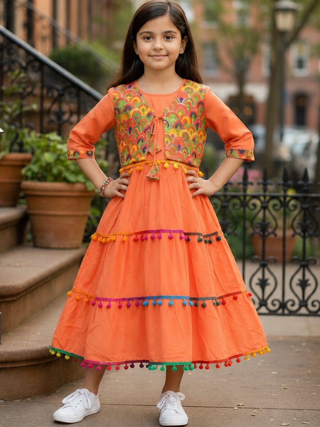 JAANYA Ethnic Motifs Embroidered Ruffled A-Line Maxi Dress