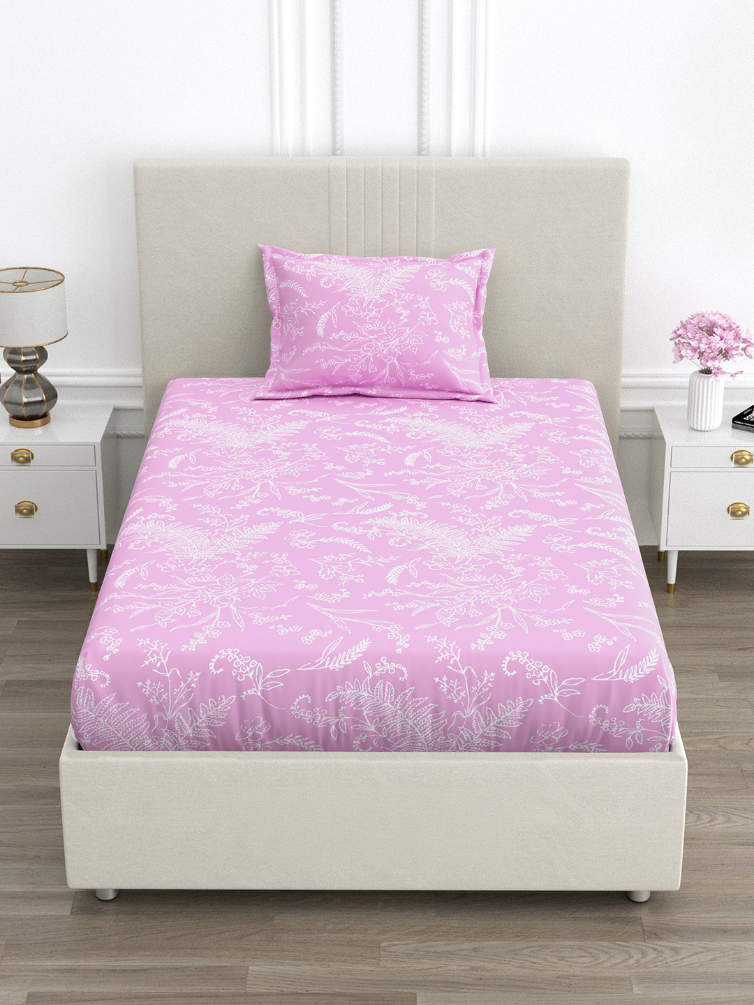 FABROLI Pink & Multicoloured Floral 300 TC Single Bedsheet with 1 Pillow Covers