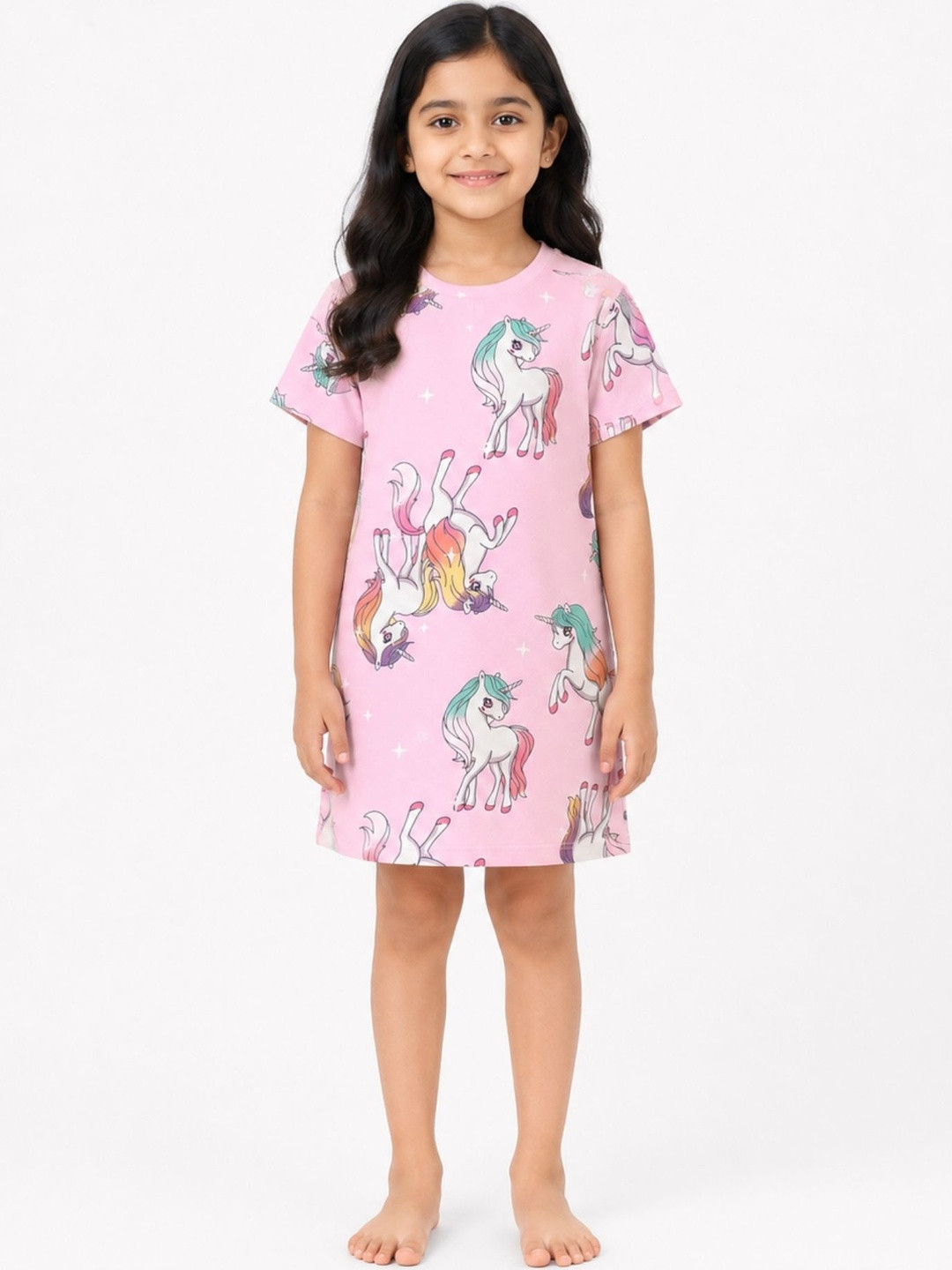 Girls Pink Printed Pure Cotton Nightdress 7