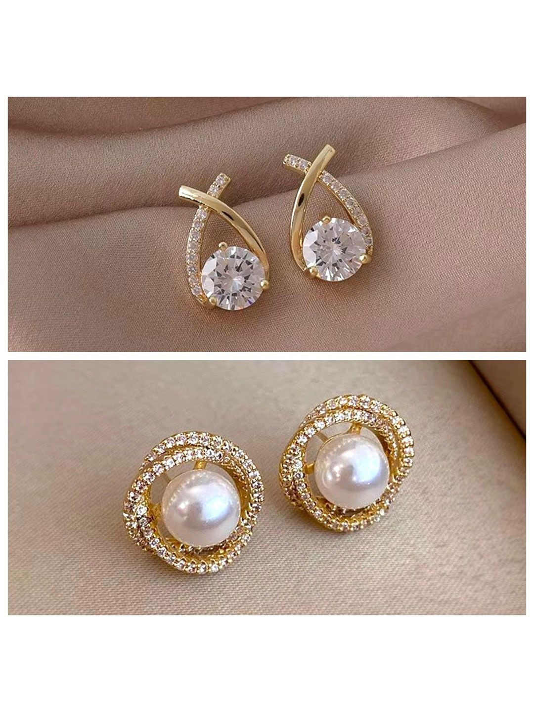 Tiso Korean Set Of 2 Gold-Plated Pearls Beaded Classic Studs