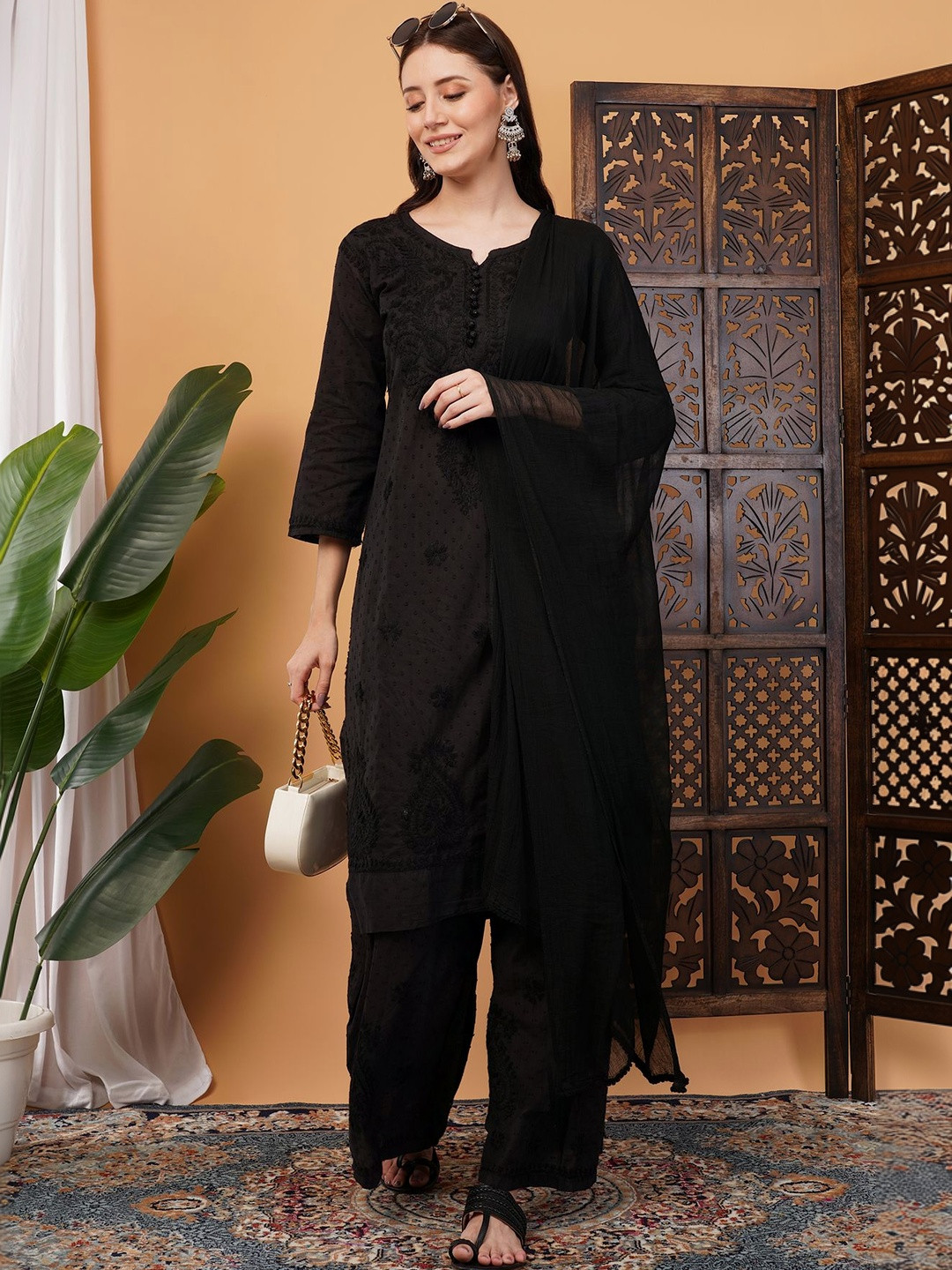 Noorza Chikankari Ethnic Motifs Chikankari Pure Cotton Kurta with Palazzos & Dupatta