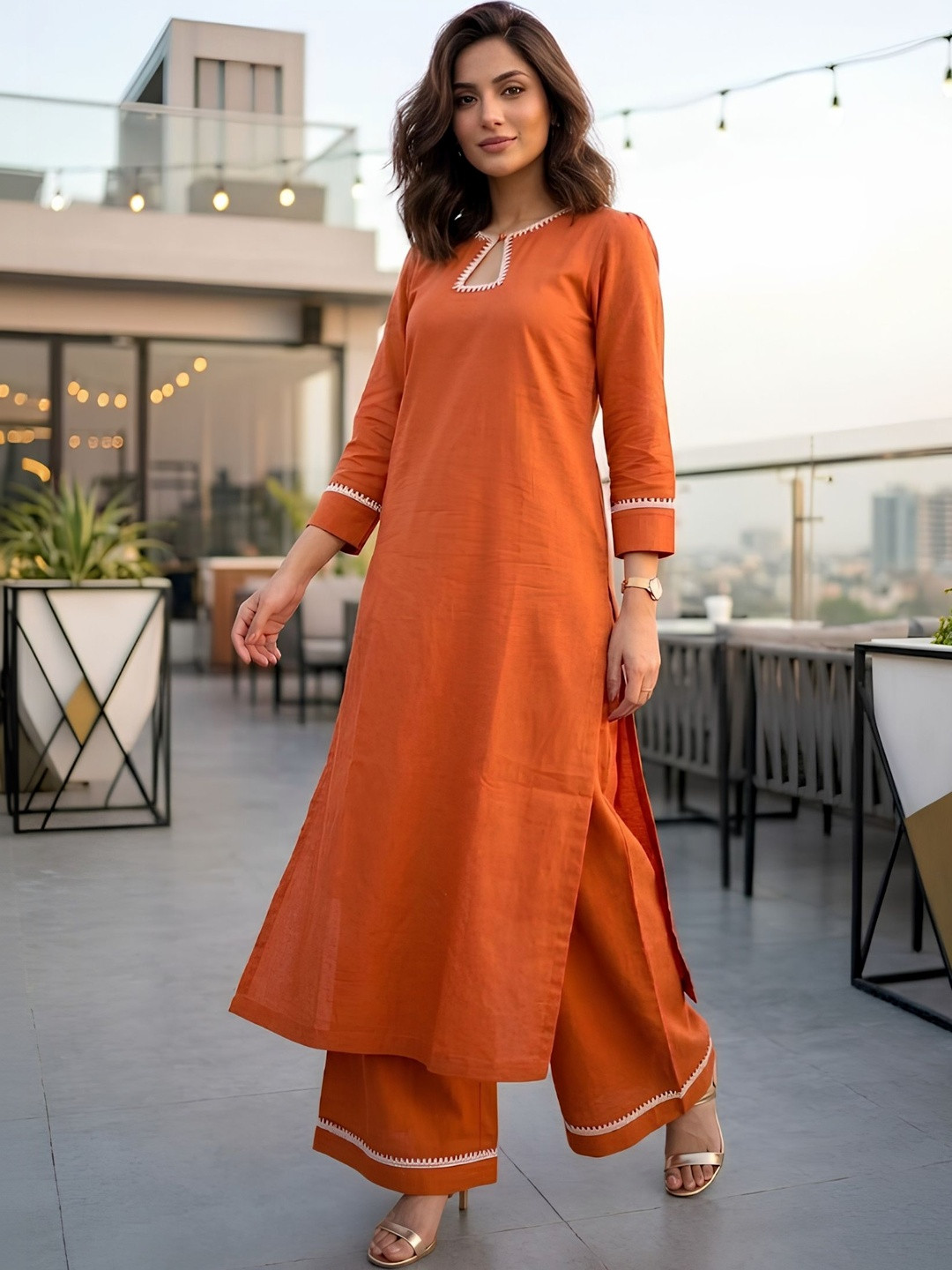 SHISHKALA Women Regular Thread Work Pure Cotton Kurta with Palazzos
