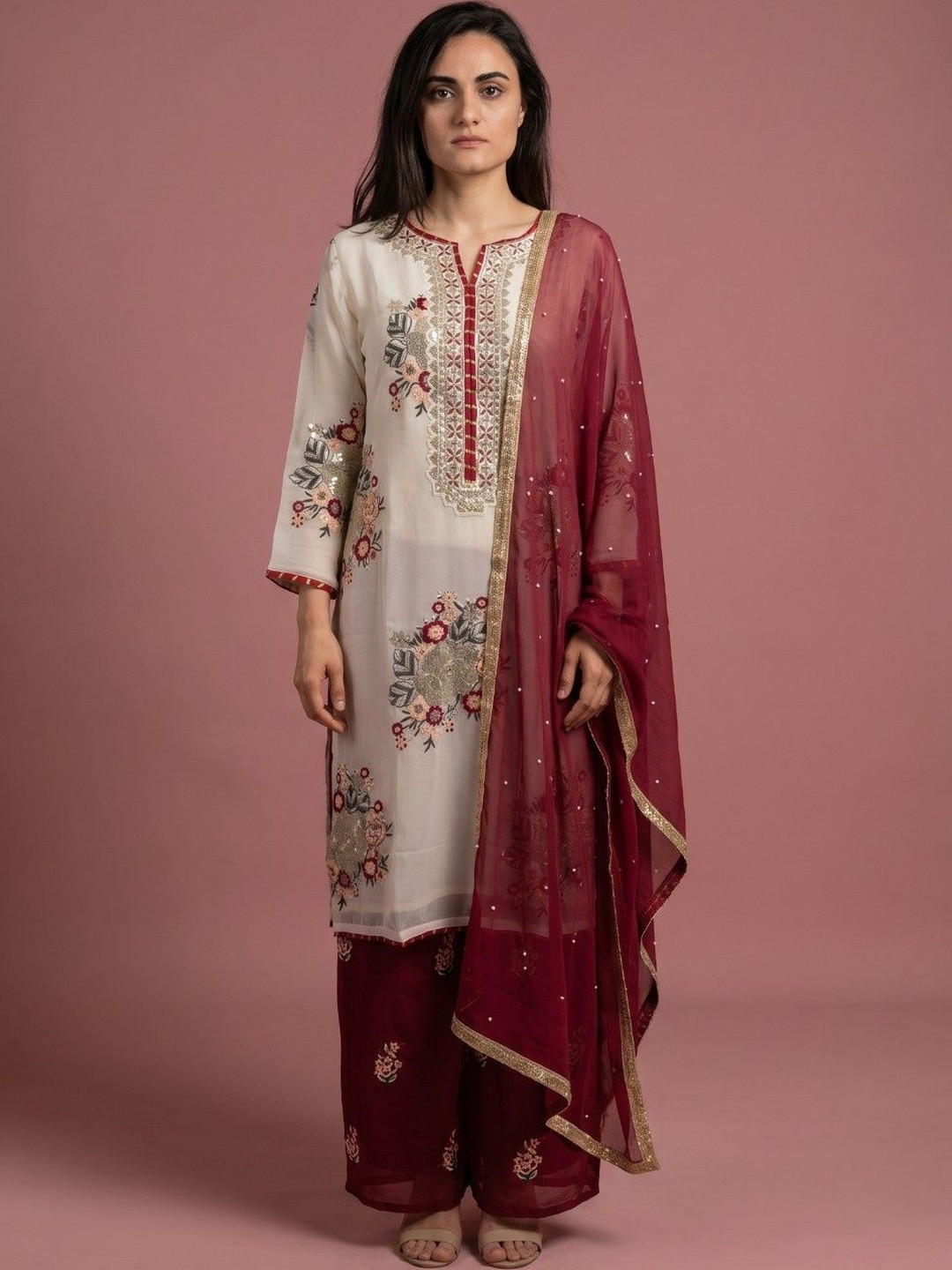 Muzaro ethnics Women Floral Embroidered Regular Sequinned Silk Georgette Kurta with Palazzos & With Dupatta