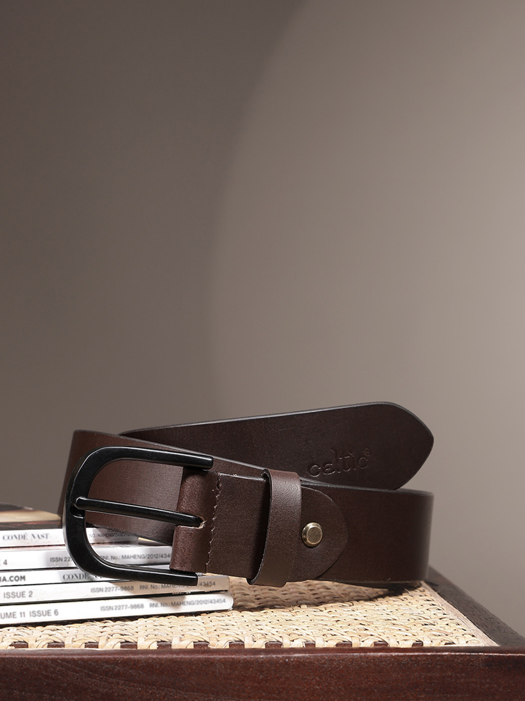 Celtic Men Brown Solid Leather Formal Belt Classic Tang Closure