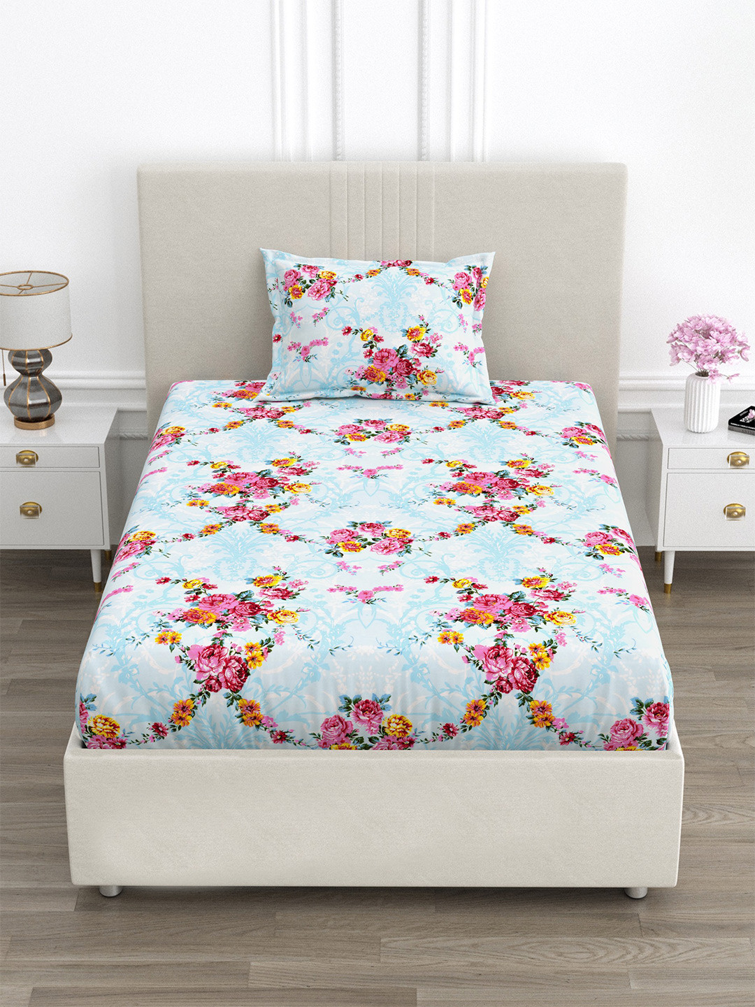 FABROLI Blue & Multicoloured Floral 300 TC Single Bedsheet with 1 Pillow Covers
