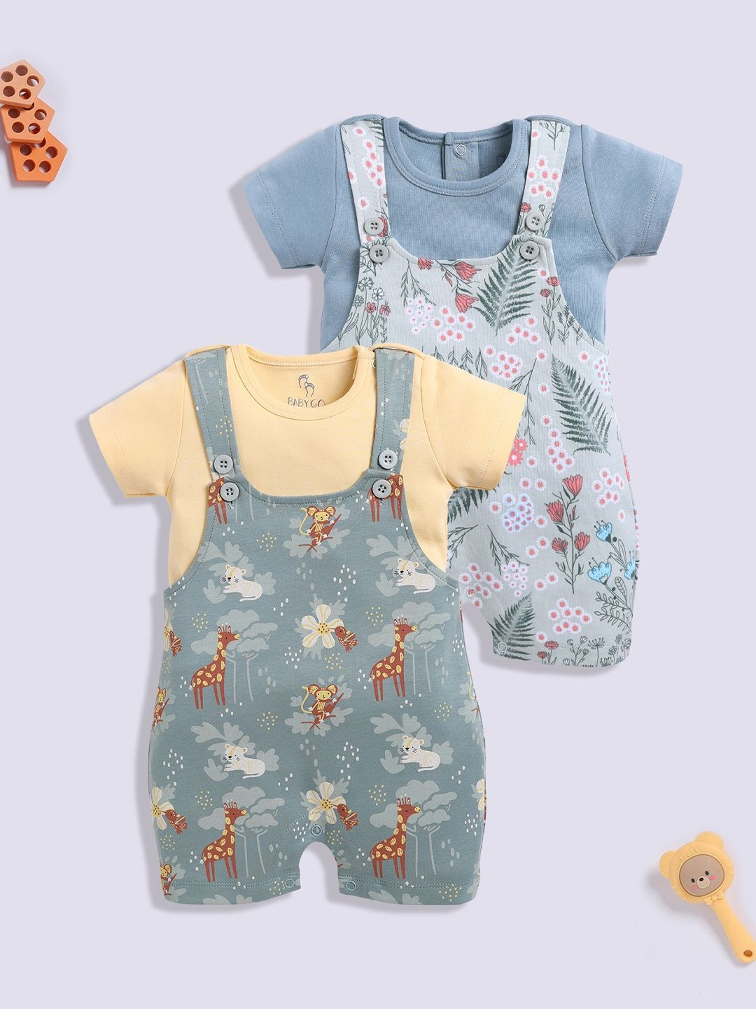 BABY GO Pack Of 2 Girls Printed Cotton Short Dungarees