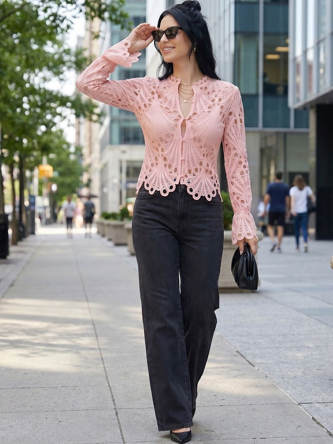 bebe Embellished Embroidered Flared Sleeve Cotton Blend Top