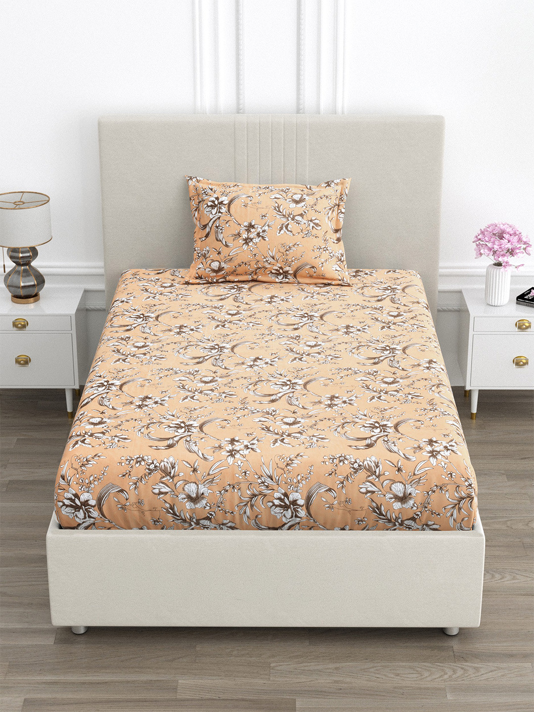 FABROLI Beige & Multicoloured Floral 300 TC Single Bedsheet with 1 Pillow Covers