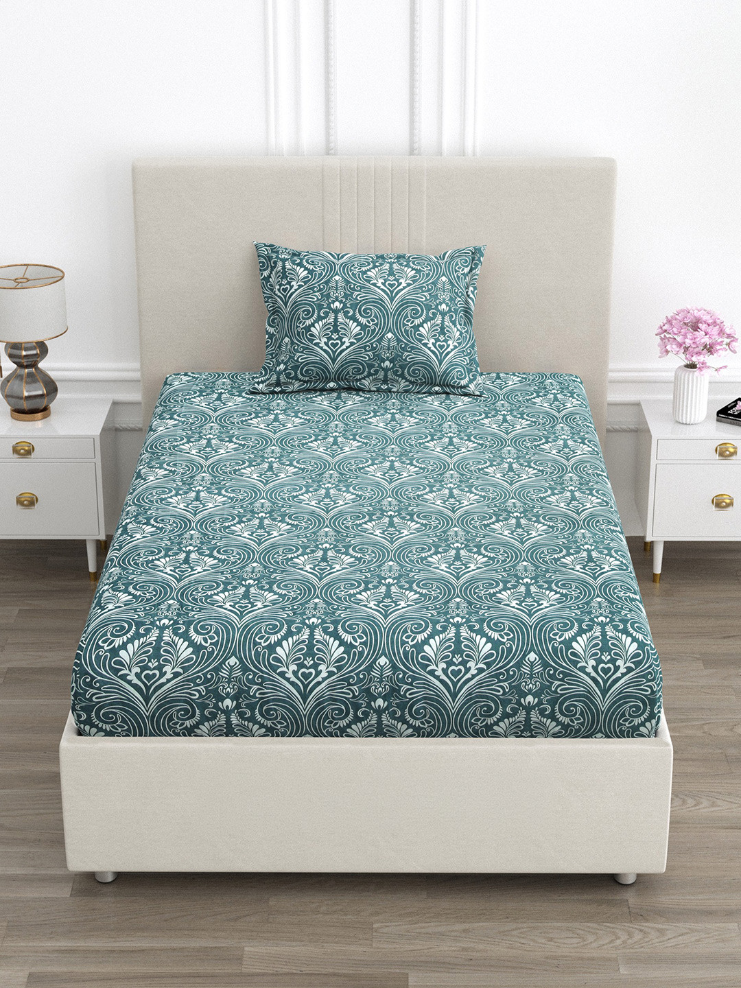 FABROLI Green & Multicoloured Floral 300 TC Single Bedsheet with 1 Pillow Covers