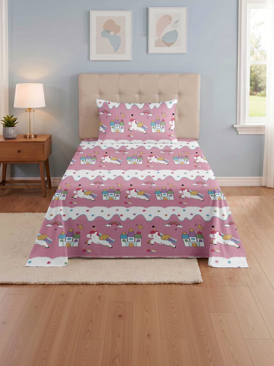 TINDLER KNOTS Pink & White Cartoon Characters 180 TC Single Bedsheet with 1 Pillow Covers