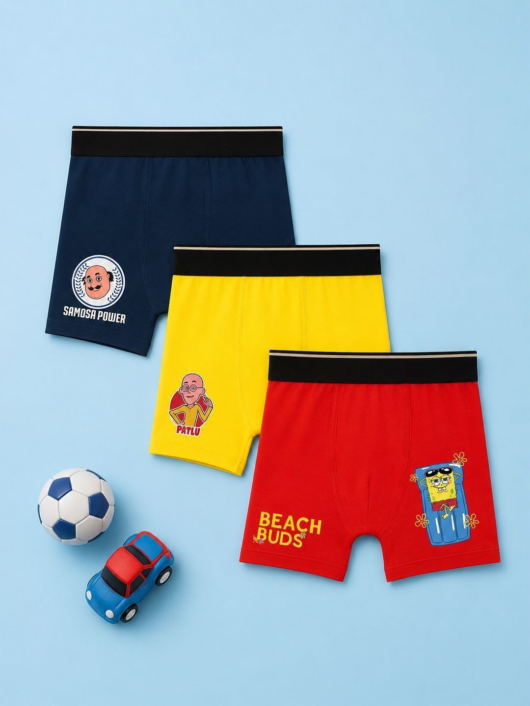Button Bear Boys Pack of 3 Cotton Motu Patlu & Sponge Bob Printed Trunks