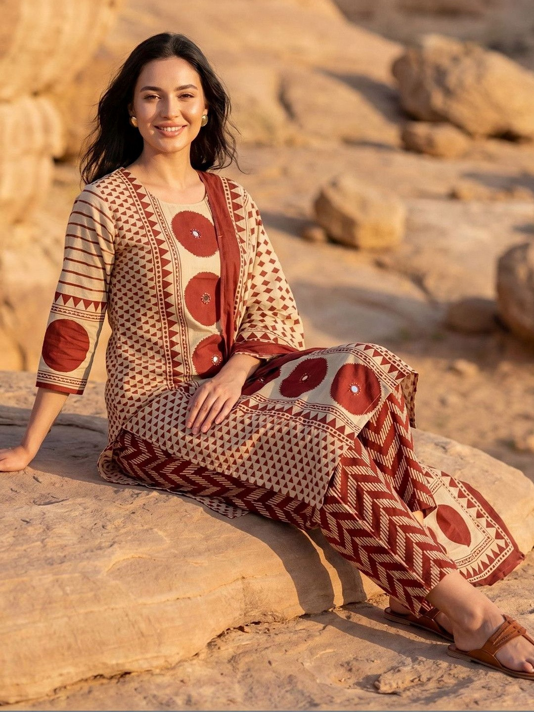 Indo Era Women Printed Regular Mirror Work Pure Cotton Kurta with Trousers & With Dupatta