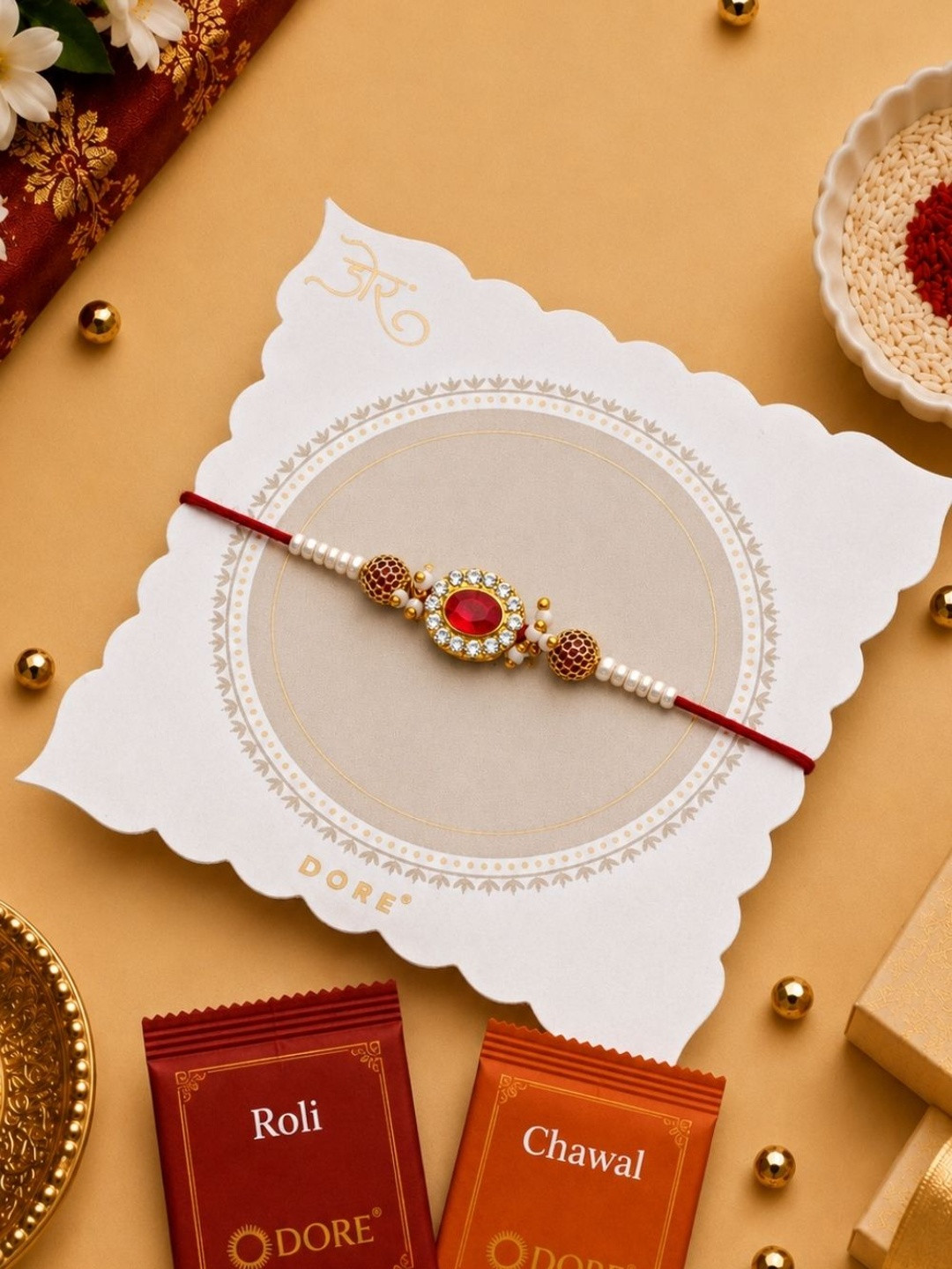 Dore Ruby Jaipuri Kundan Brother Rakhi with Pearl and Red Bead with Roli Chawal