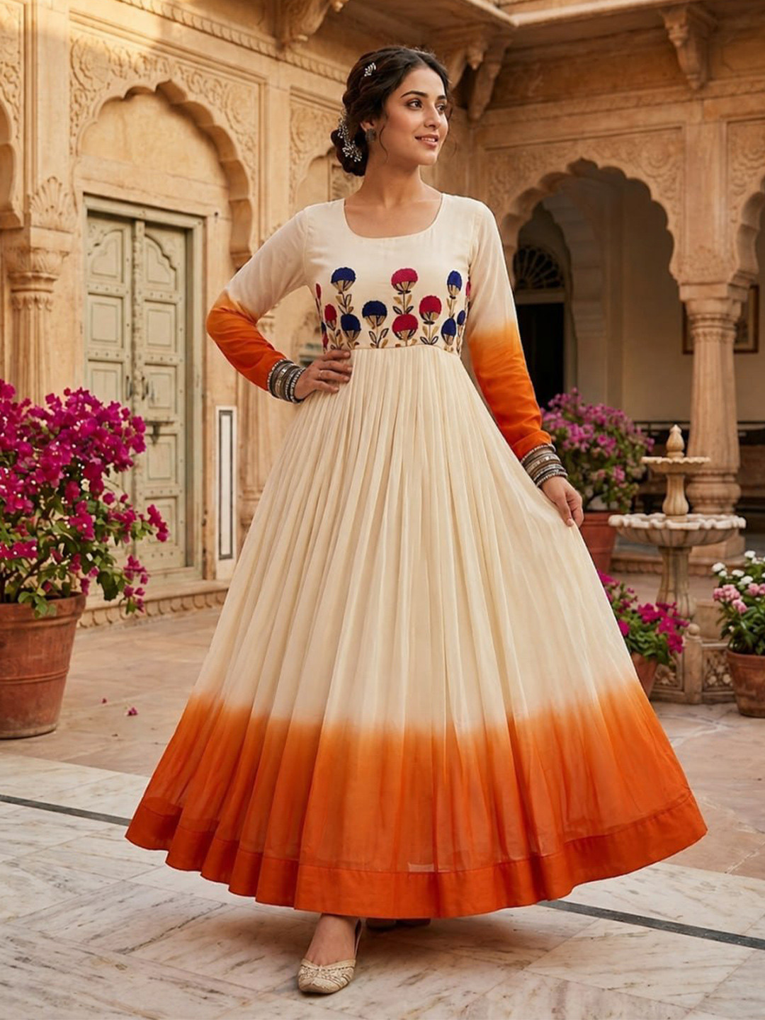 Livewear Women Ombre Embroidered Empire Thread Work Georgette Ethnic Dresses