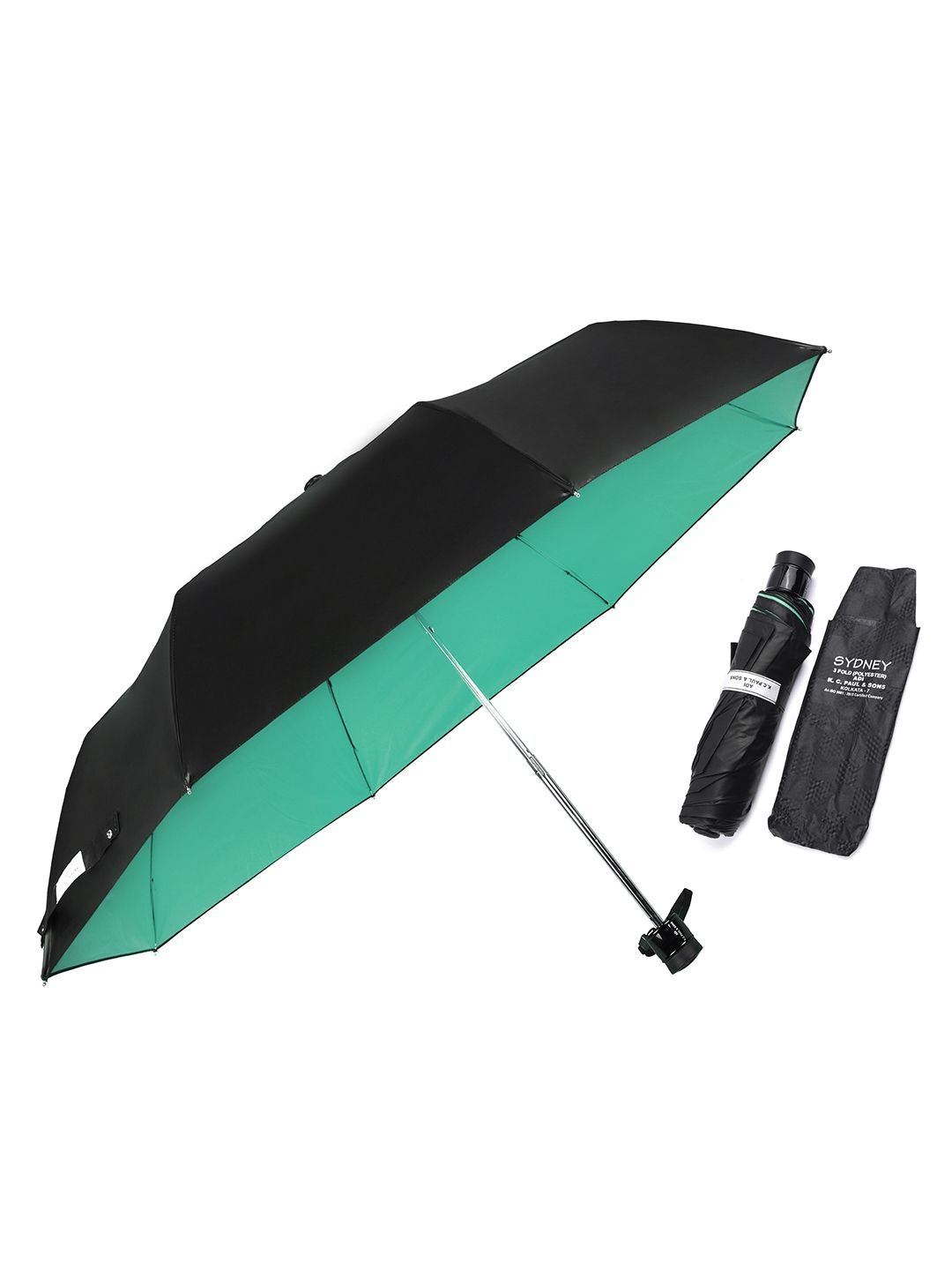 Adi K.C.Paul & Sons Sydney Black and Green 3 Fold Large Size Manual Premium Umbrella