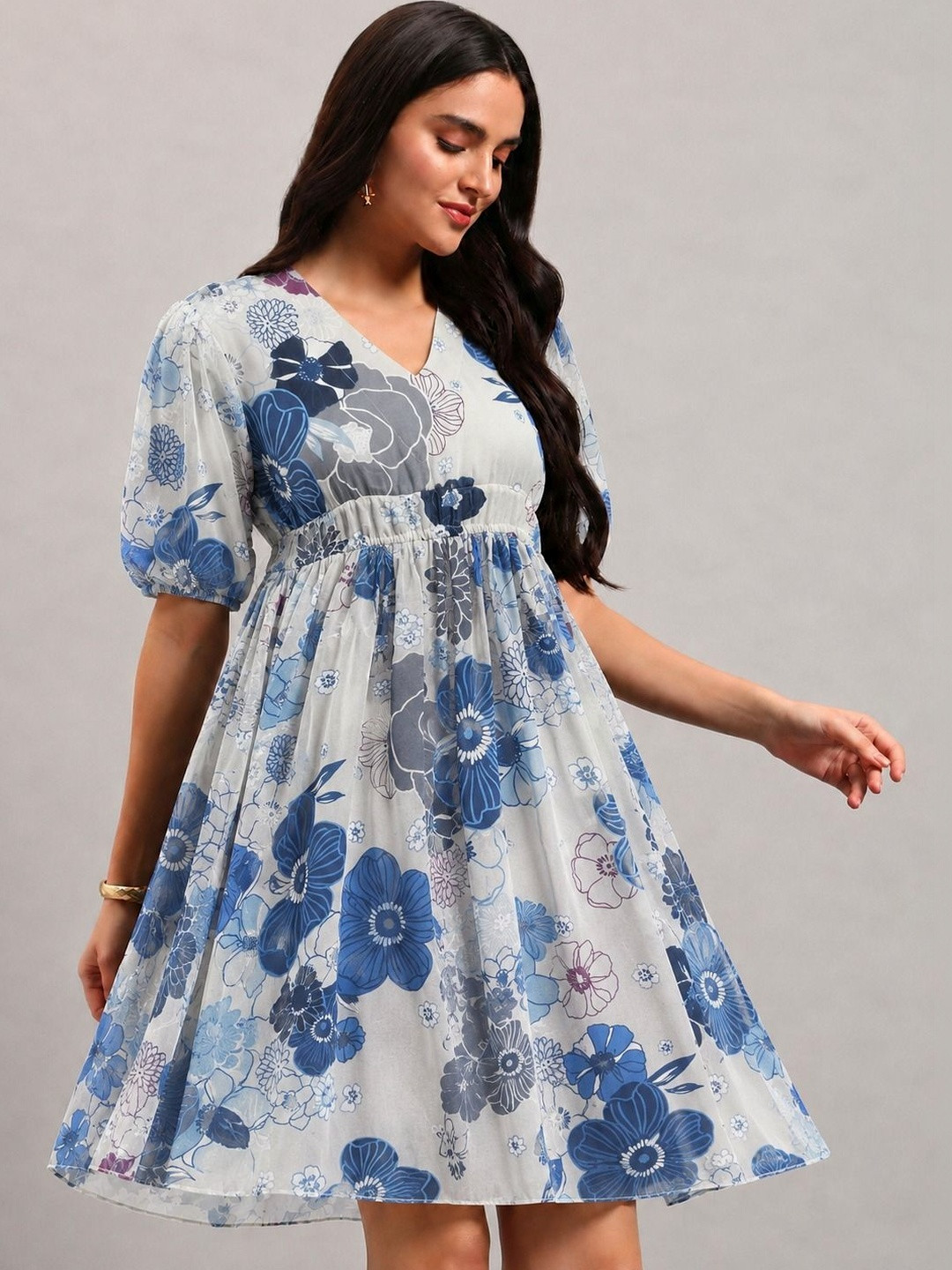ROSEMELON Floral Print Puff Sleeve Georgette A-Line Dress