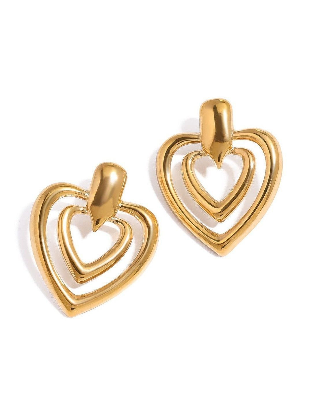 DIVING SWAN Women 18K Thick Gold Plated Aira Dual Heart Earrings