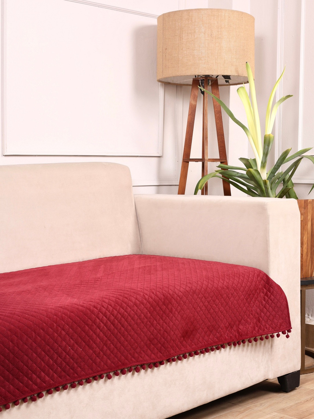 STITCHNEST 2 Seater Maroon & Beige Velvet Seat Cover
