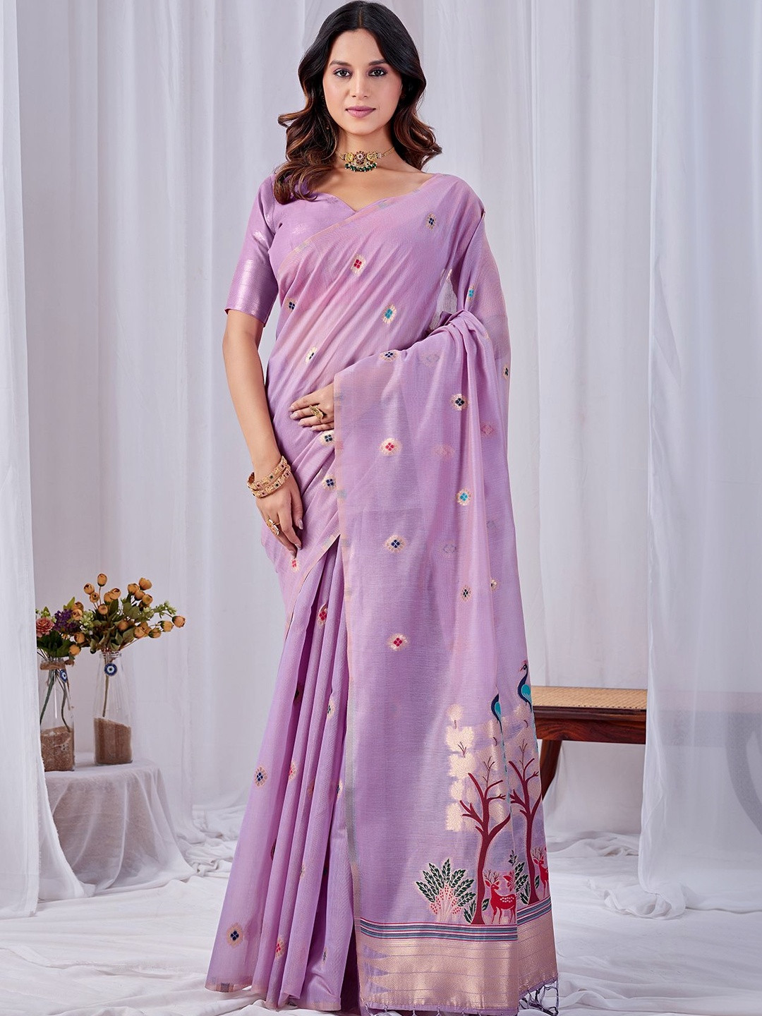 FABRINO Woven Design Zari Pure Cotton Jamdani Saree