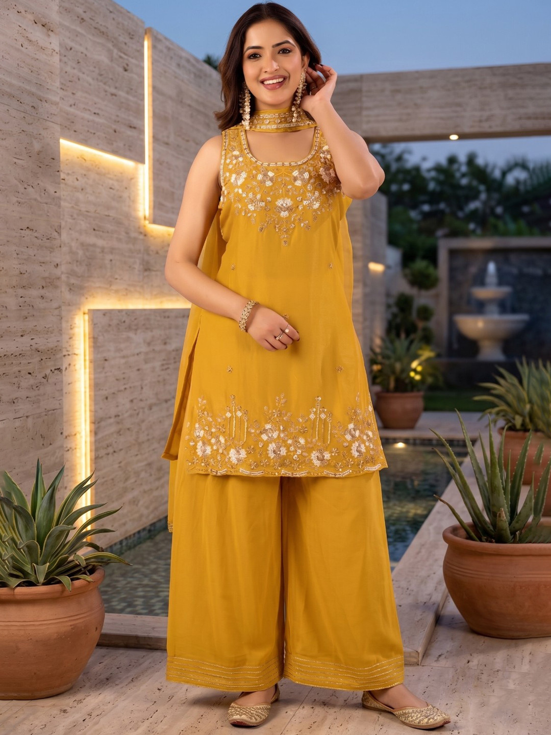 BOUNCER Ethnic Motifs Embroidered Regular Pure Silk Kurta with Sharara & With Dupatta