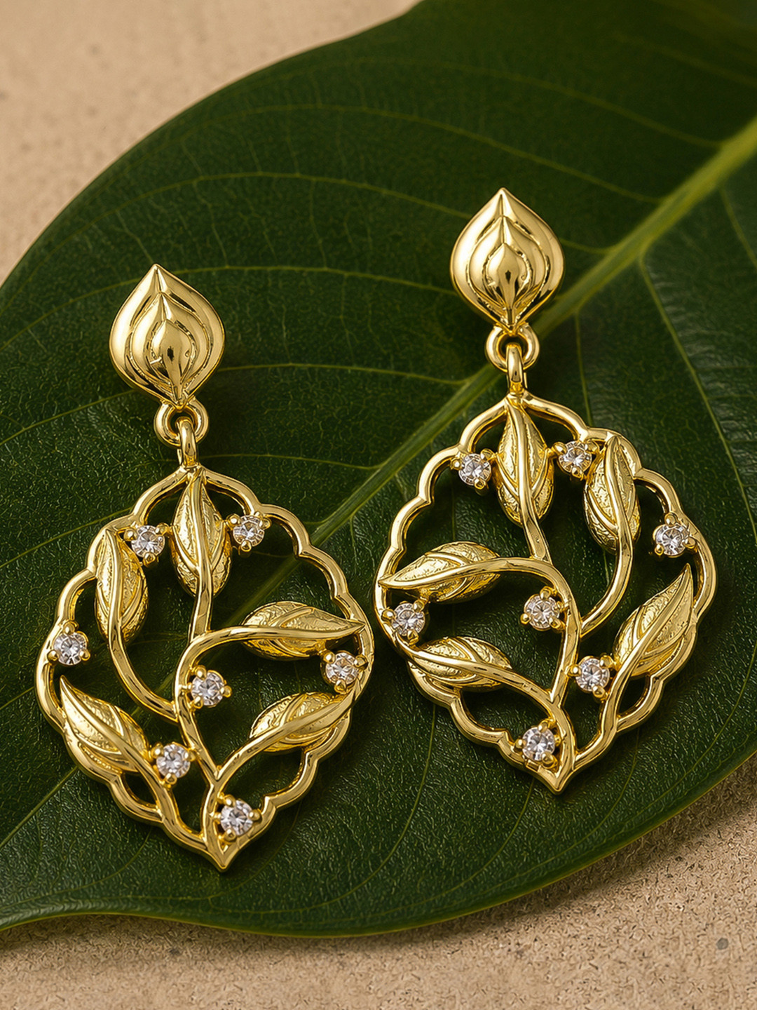 Voylla Gold-Plated Leaf Shaped Cubic Zirconia Drop Earrings