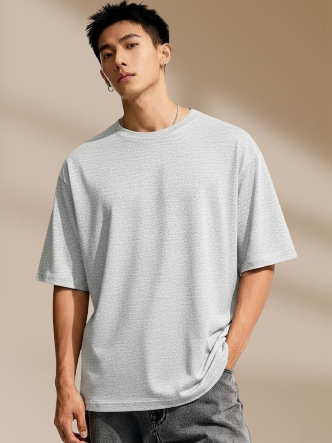 Grey Melange Relaxed Fit T-shirt with Drop-Shoulder Sleeves