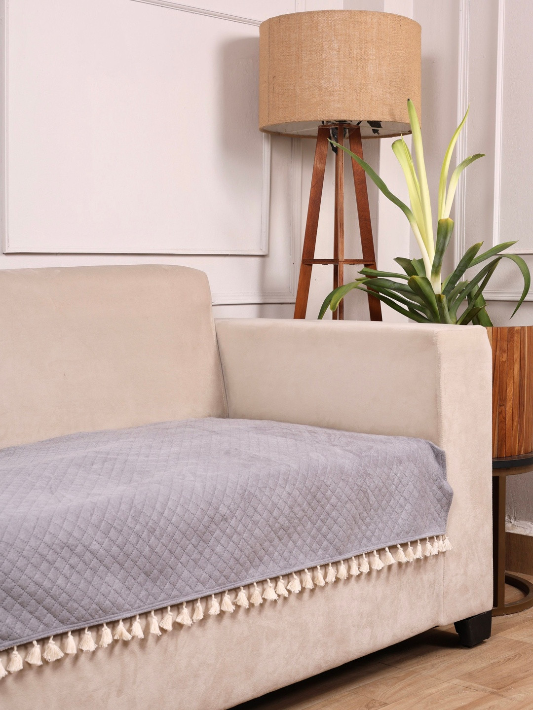 STITCHNEST Set of 1 Grey Geometric Faux Suede Fade Resistant Straight 2 Seater Solid Sofa Cover