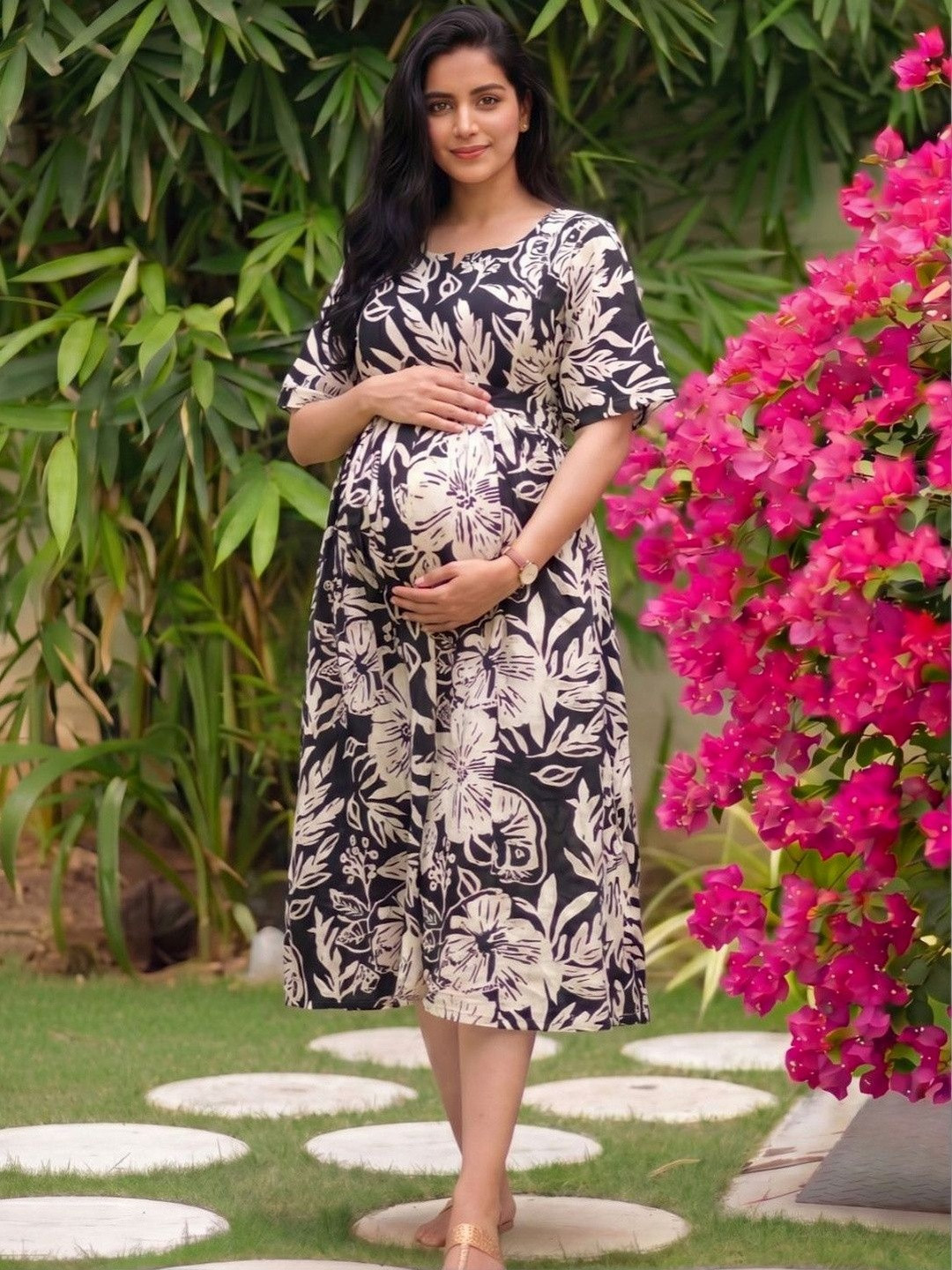 Asenne Floral Printed Soft Rayon Maternity Midi Dress With Both Side Feeding Zip