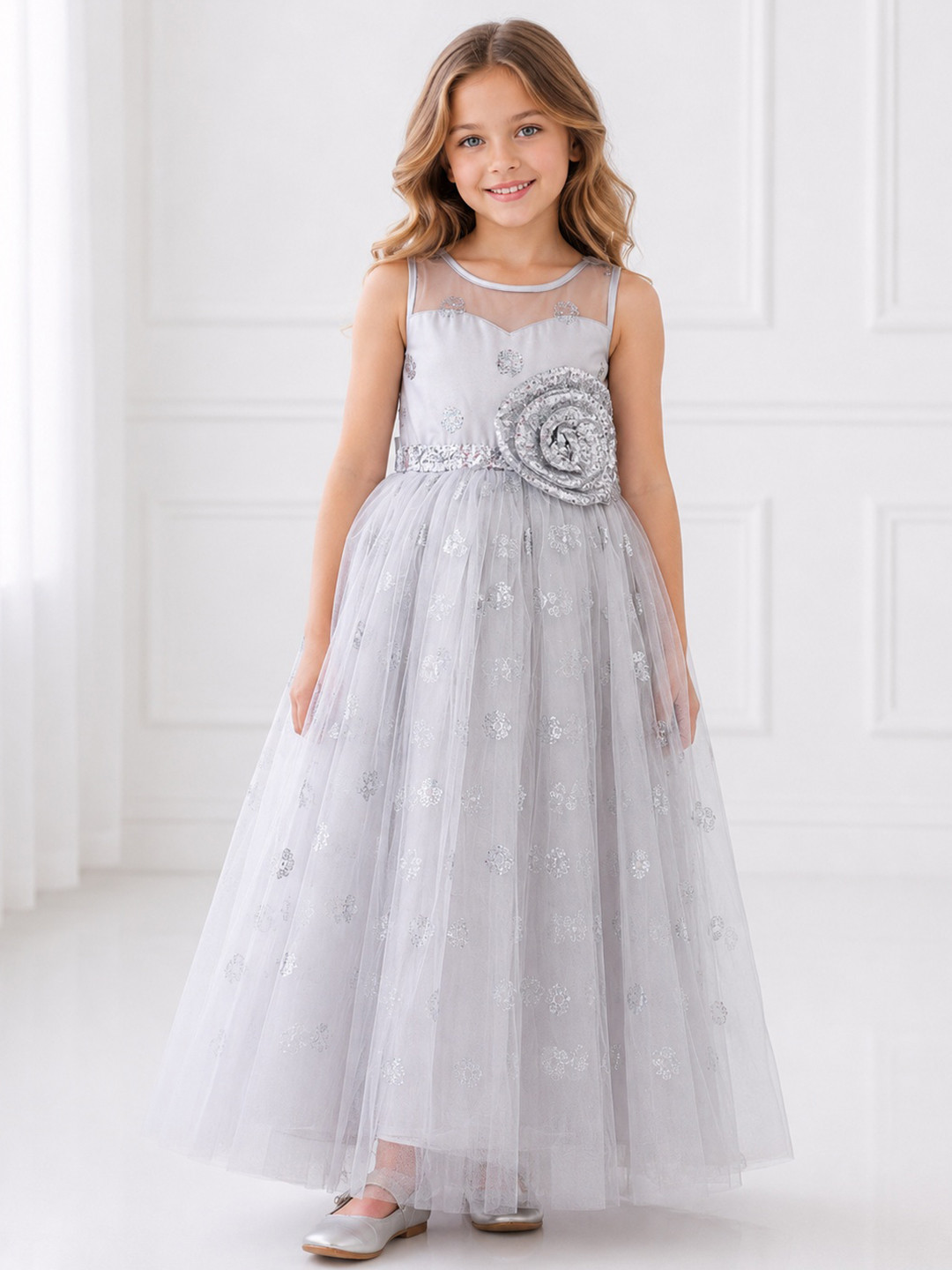 Toy Balloon kids Floral Ruffled Net A-Line Maxi Dress