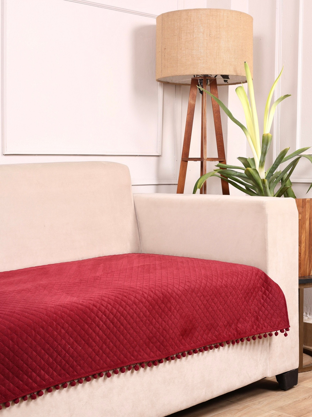 STITCHNEST 1 Seater Maroon & Beige Velvet Seat Cover