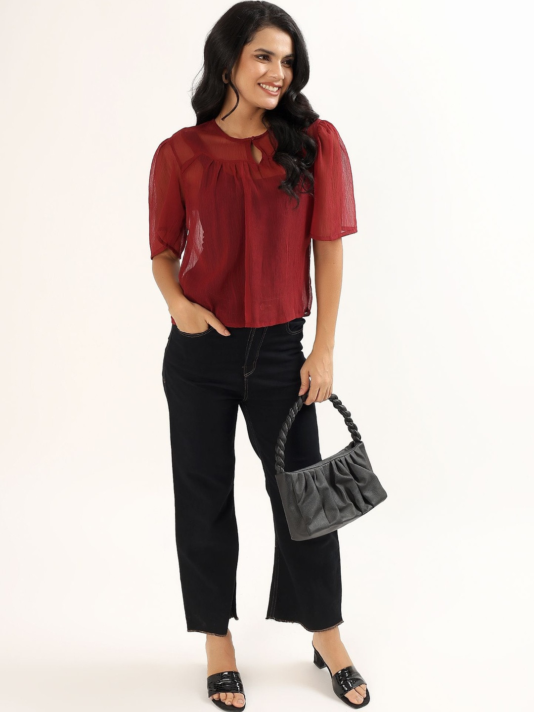 Avor Lifestyle Keyhole Neck Puff Sleeve Chiffon Top