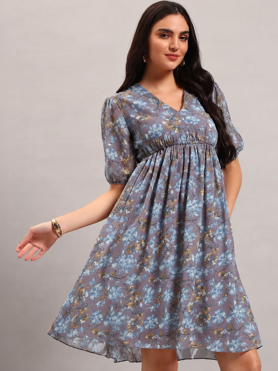 ROSEMELON Floral Print Puff Sleeve Georgette A-Line Dress