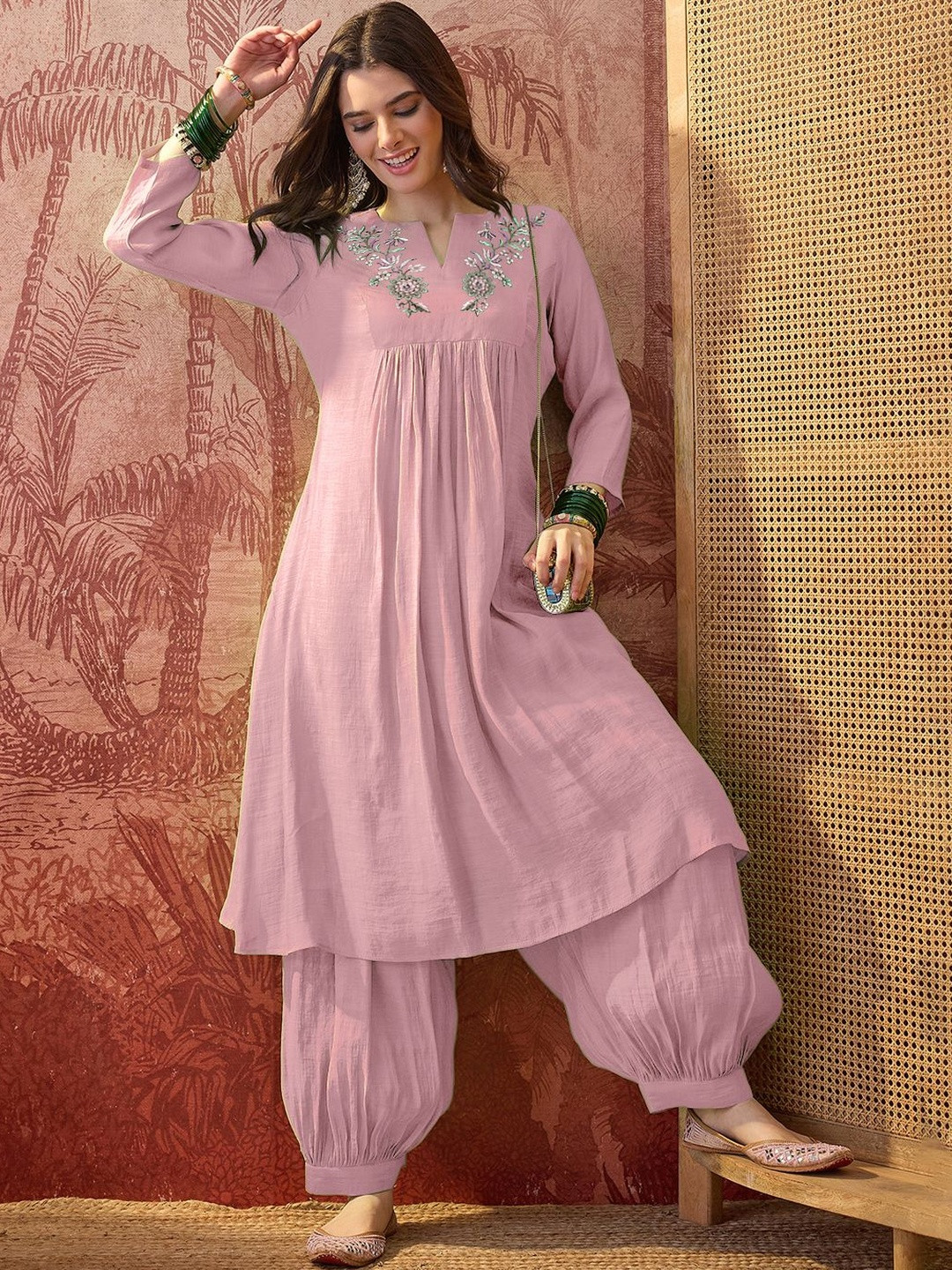 Sangria Women Floral Embroidered Empire Thread Work Kurta with Patiala