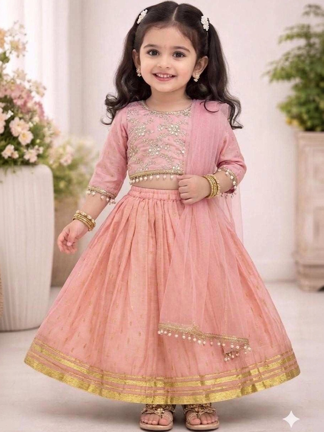 KALINI Girls Embroidered Thread Work Ready to Wear Lehenga & Blouse With Dupatta
