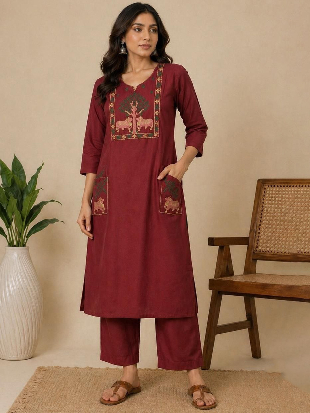 KALINI Women Ethnic Motifs Embroidered Regular Thread Work Kurta with Trousers