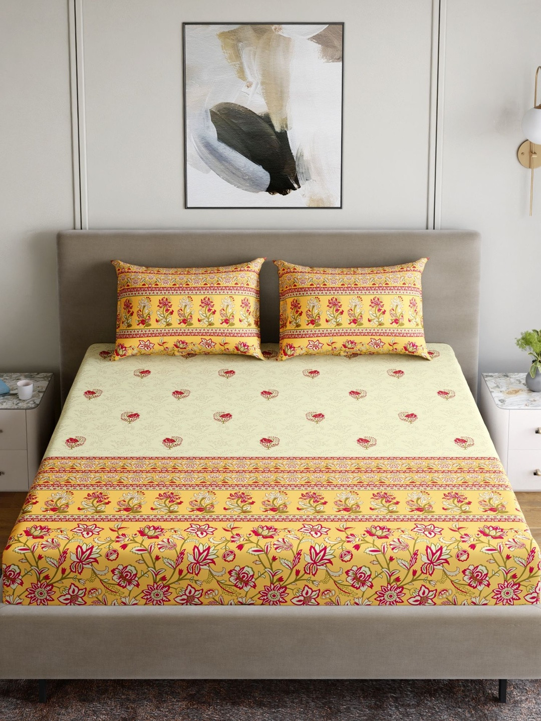 Home Ecstasy Unisex Yellow Cotton Bedsheets- 220 x 239 cm