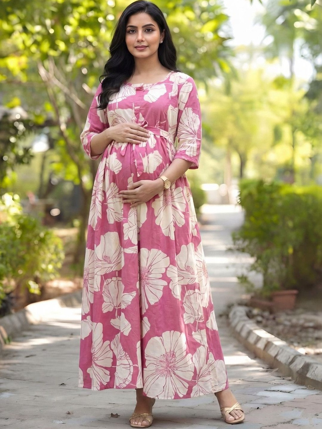 Asenne Floral Printed Soft Rayon Maternity Maxi Dress with Both Side Feeding Zip