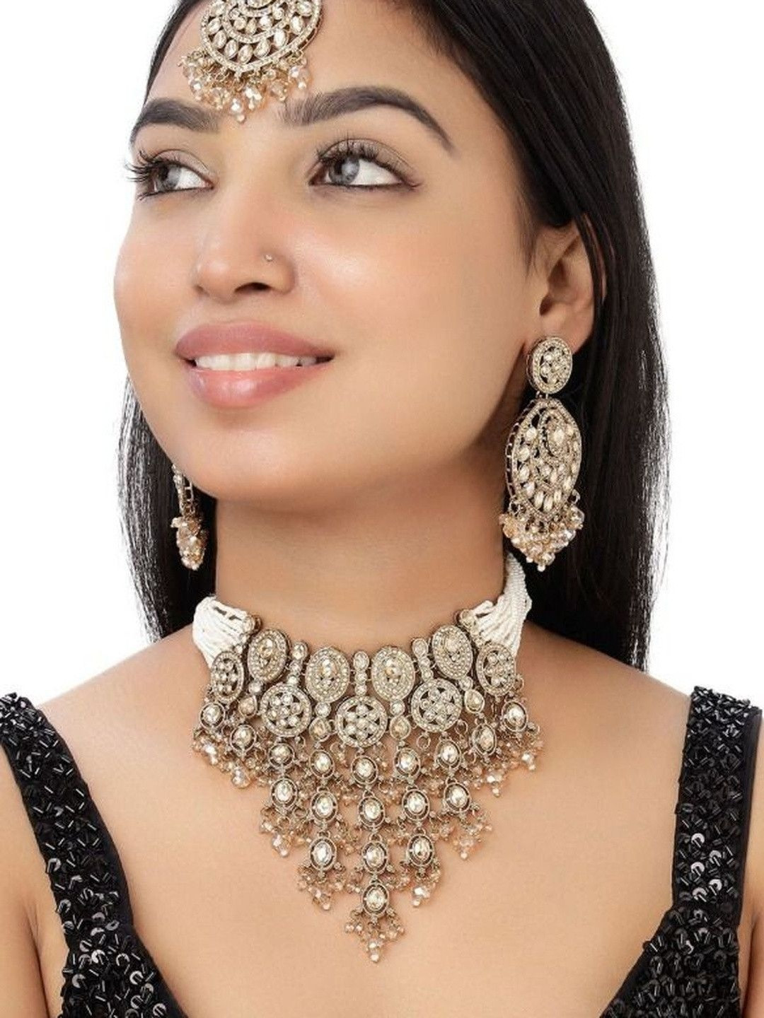 VELVET IMPERIAL Gold-Plated Kundan Studded & Artificial Beaded Necklace & Earrings