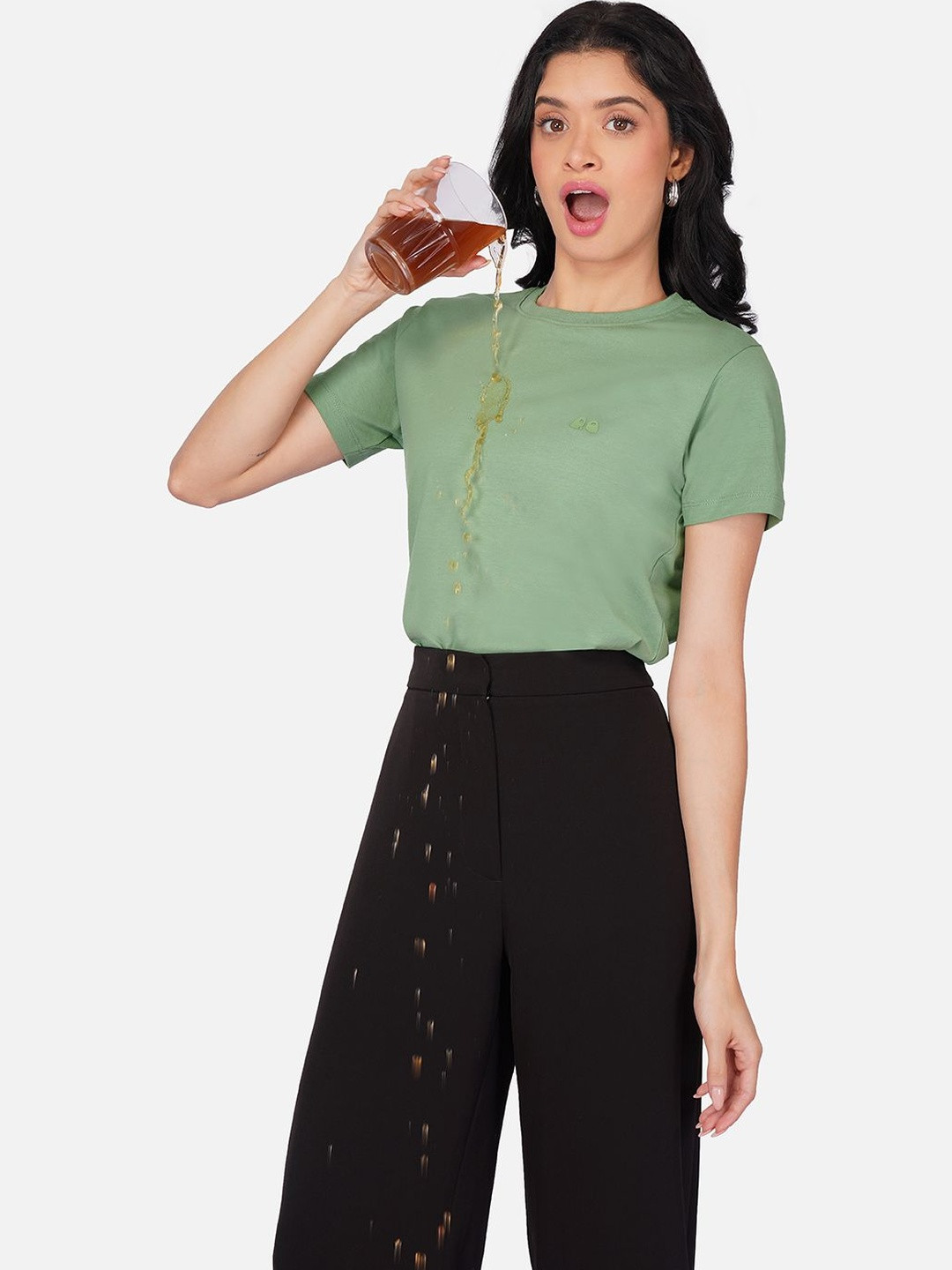 VANDEE Women Green Anti-Stain Cotton Round Neck T-Shirt