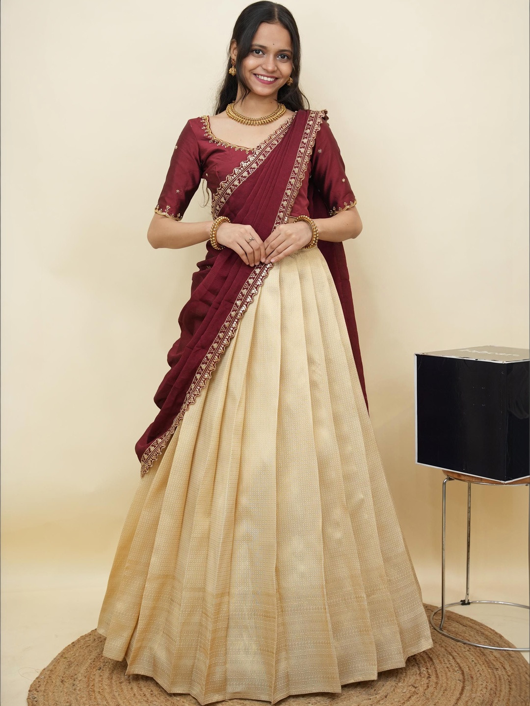 Pink Bindi Embellished Beads and Stones Unstitched Lehenga & Blouse With Dupatta