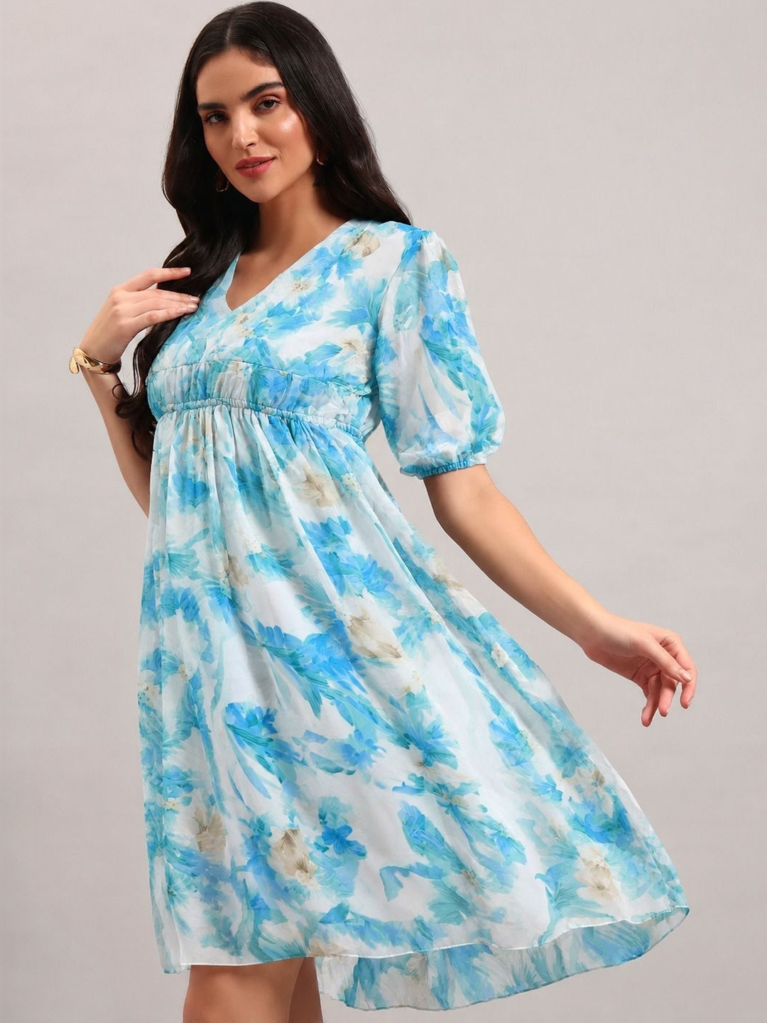 ROSEMELON Floral Print Puff Sleeve Georgette A-Line Dress