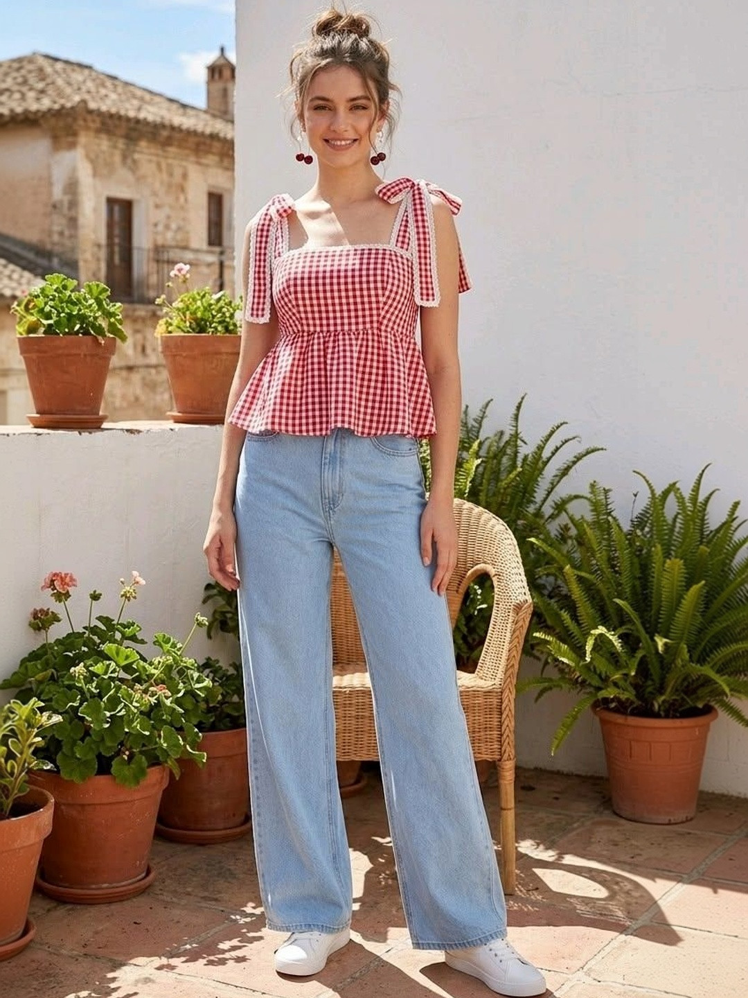 AB Collection Checked Cotton Peplum Top