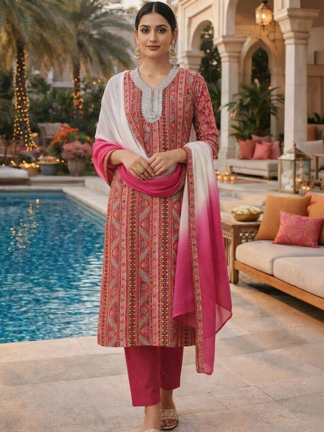 ESHMYRA Women Pink Embroidered Kurta Set with Ombre Dyed Dupatta