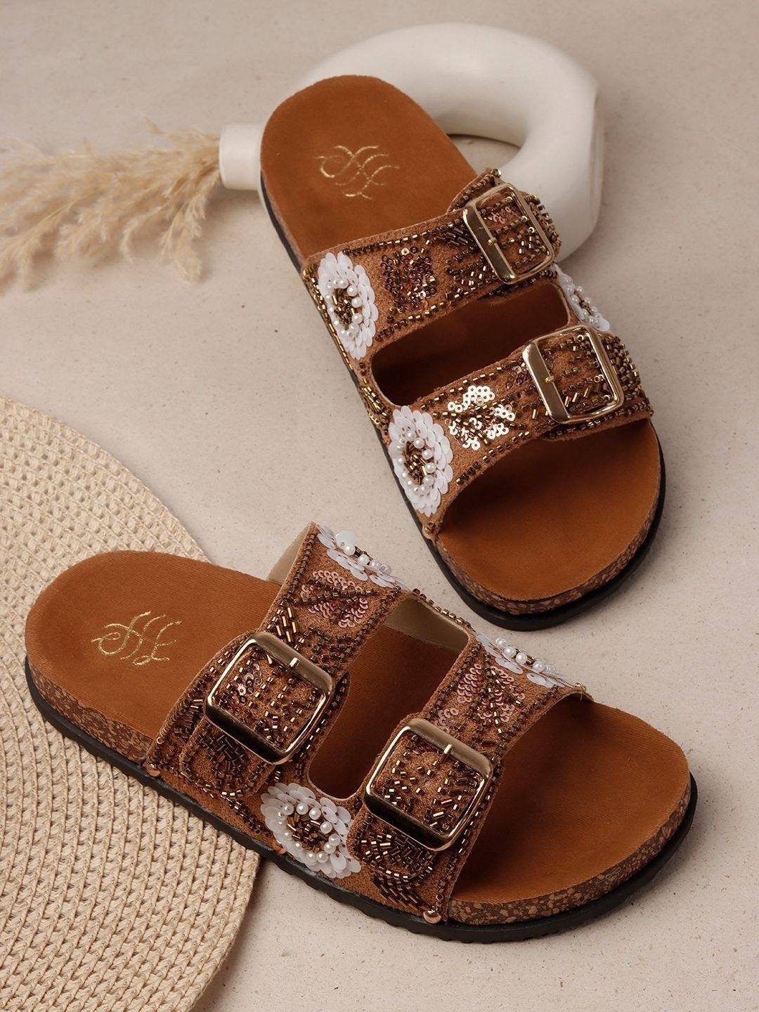 House of Pataudi Embellished Suede Flatform Sandals