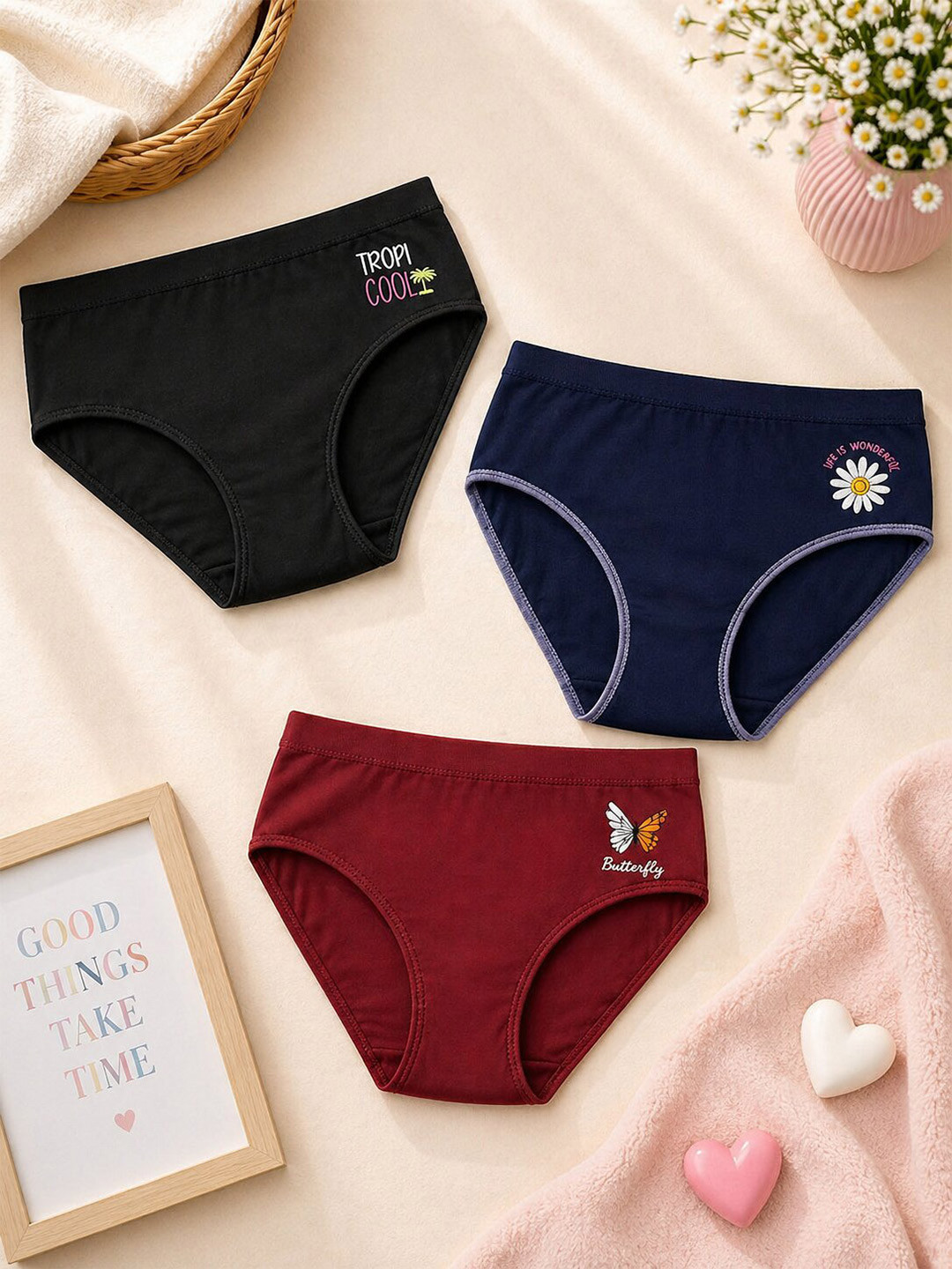Bodycare Girls Pack of 3 Printed Assorted Cotton Basic Briefs