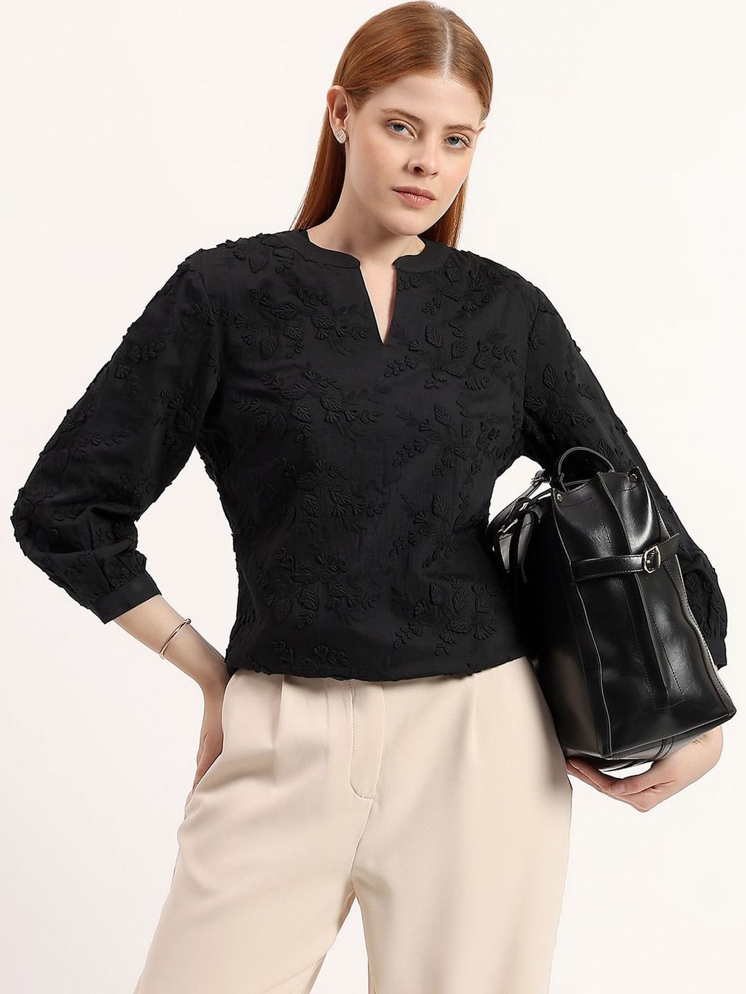 Schifley Women Black Floral 100% Pure Cotton Embroidered V-Neck Regular Fit 3/4 Sleeve Top