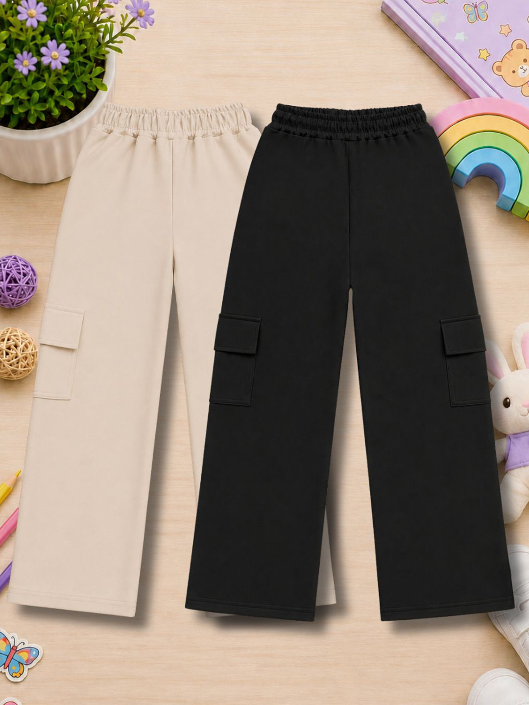 AMNOUR Girls Pack of 2 Regular Fit Cargos